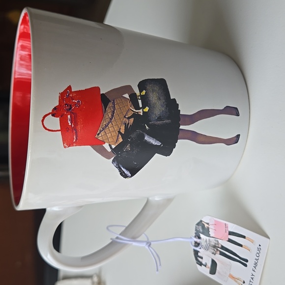 Amanda Greenwood Other - NWT Designer inspo ceramic mug, shopaholic carring handbags, red inside